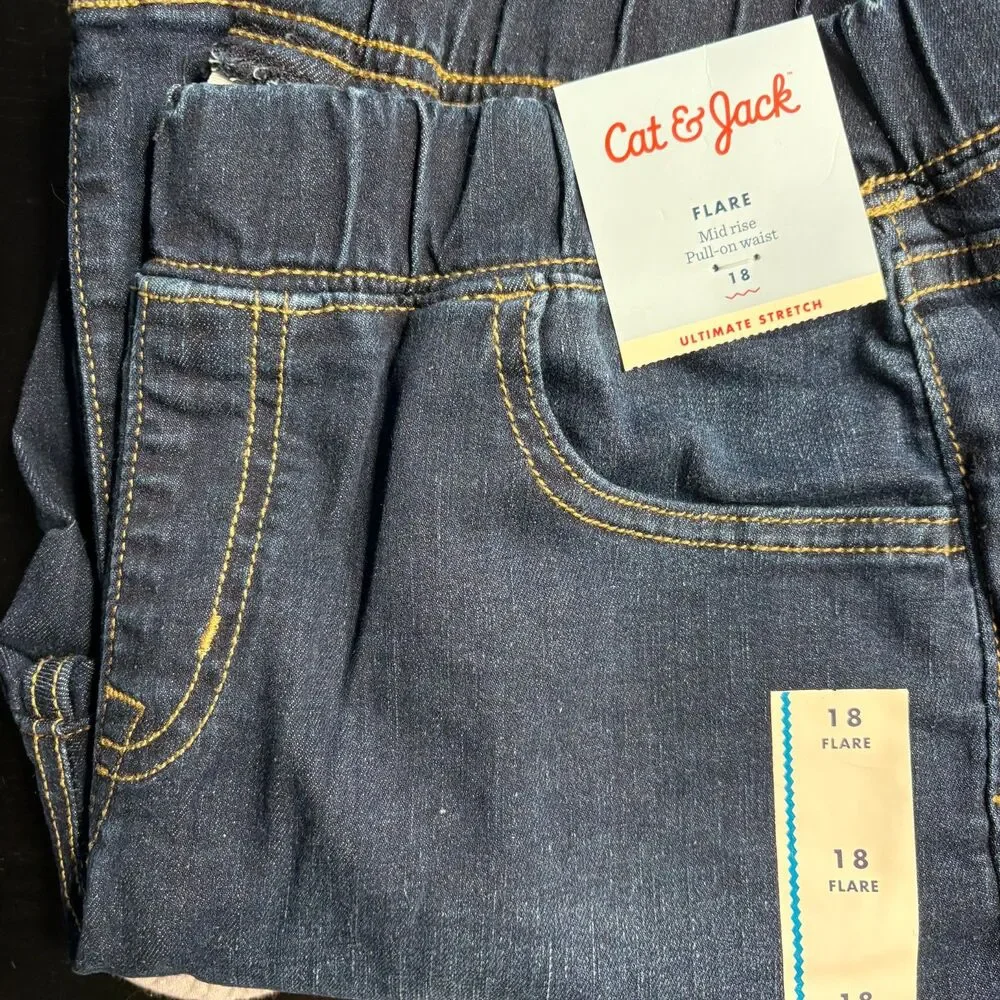 Cat&Jack Girls Flare Jeans Sz 18 NWT Pull On Ultimate Stretch Mid Rise Dark Wash